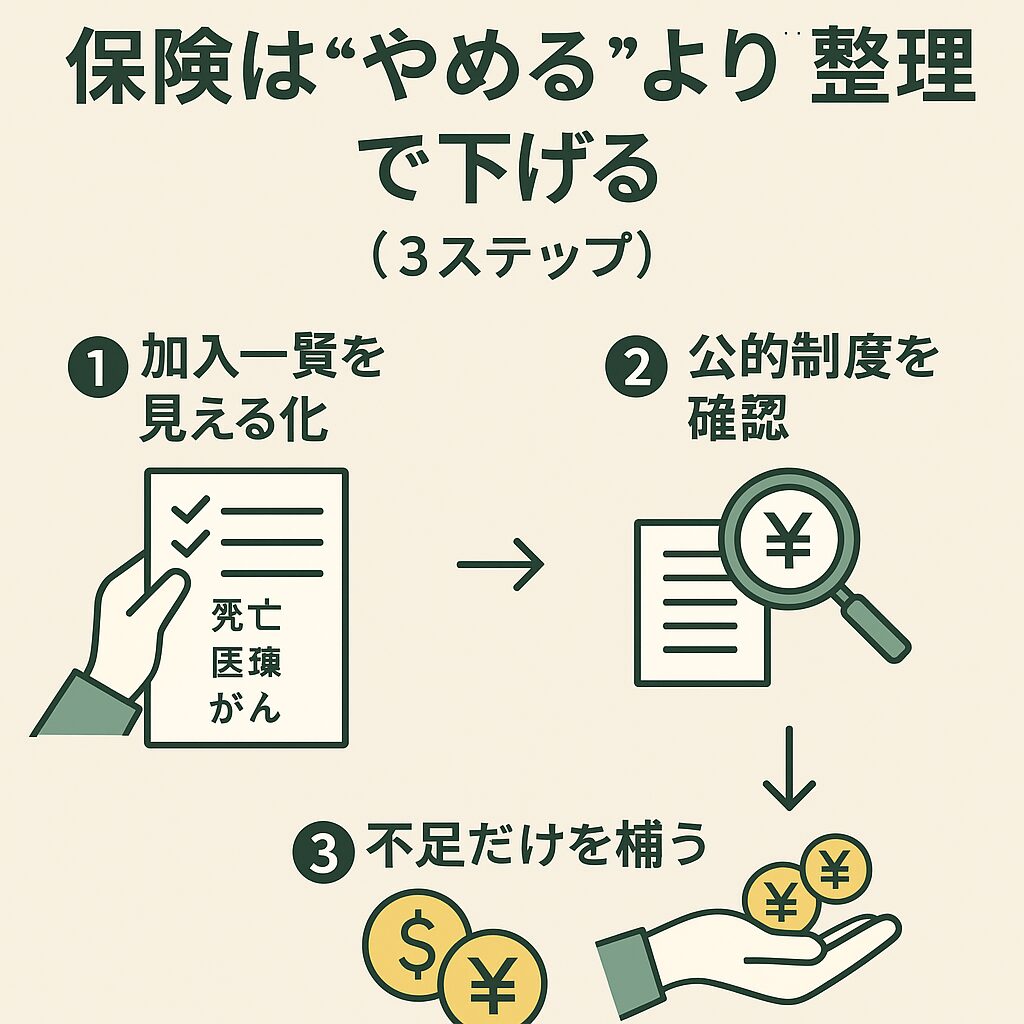 50代夫婦の保険見直し3ステップ(見える化→制度確認→不足補う)