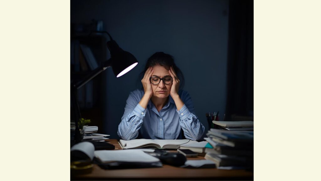 勉強と格闘する50代女性の画像