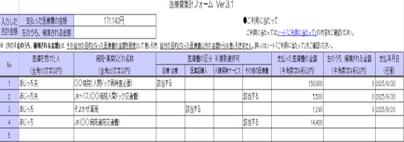 医療費集計フォームの画像