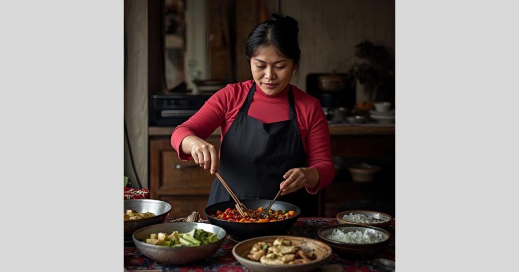 夕食作りをするお母さんの画像