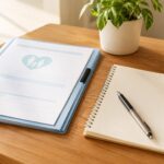 ノートに手書きで勉強のメモを書いている手元のアップ。付箋が貼られたテキストも見えている。温かみのある自然光。横長1200×630px。画像の下部に白い帯を入れて、日本語で『FP2級 3回受けてわかった独学の失敗|落ち続ける人がやりがちなことの画像