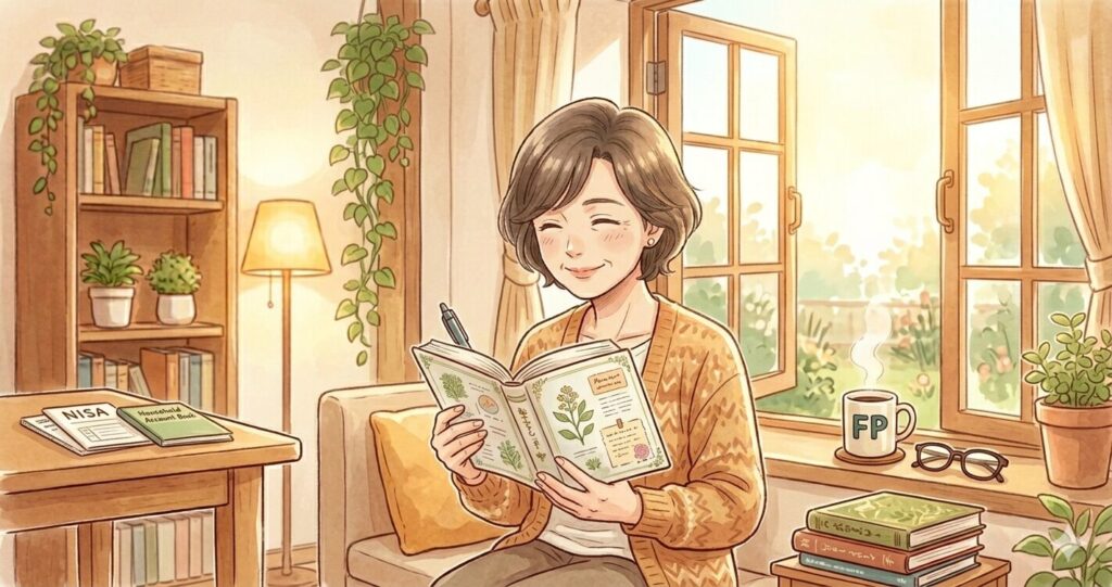 50代の女性が窓辺で本を読みながら穏やかに微笑んでいる。学びの喜びが伝わる雰囲気。温かみのあるイラスト超