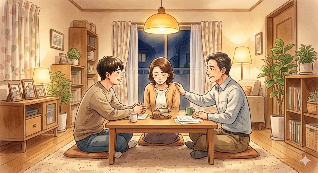 リビングで家族3人が向き合って座っている。女性は申し訳なさそうな表情、夫と息子は優しく励ましている様子。温かい室内灯の光