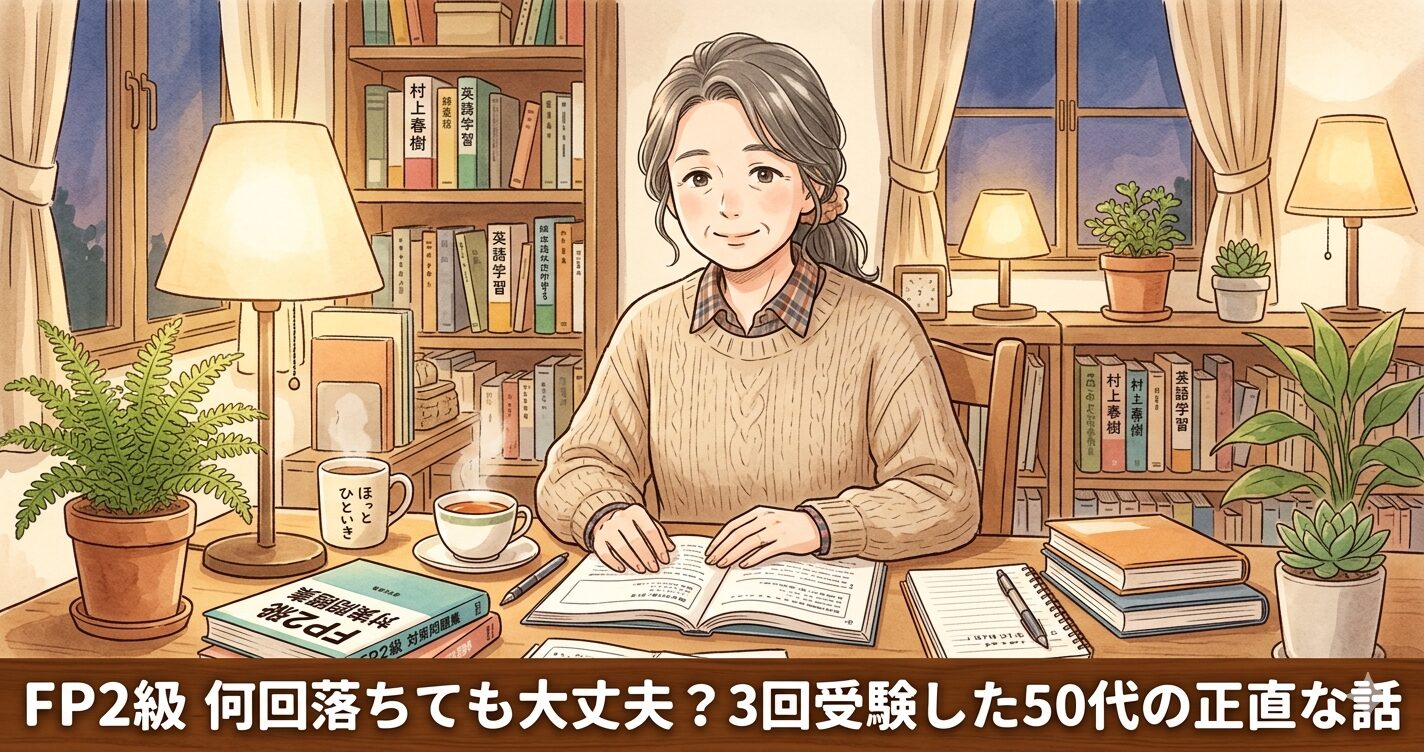 50代の女性が机に向かって問題集を開いている。表情は穏やかで前を向いている。 「FP2級 何回落ちても大丈夫？3回受験した50代の正直な話」というタイトル文字