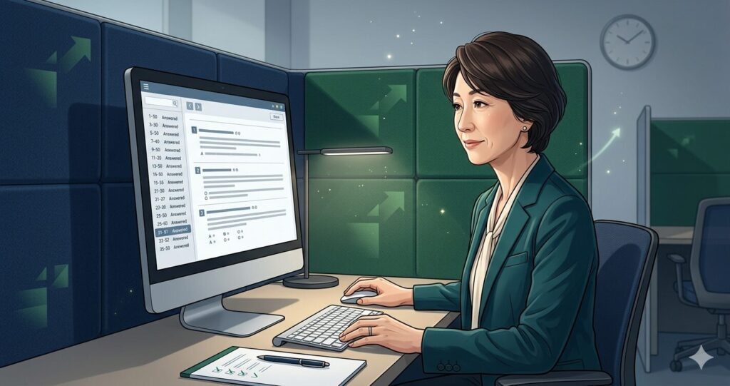 試験会場でパソコン画面に向かい、落ち着いて問題を解いている50代女性の画像