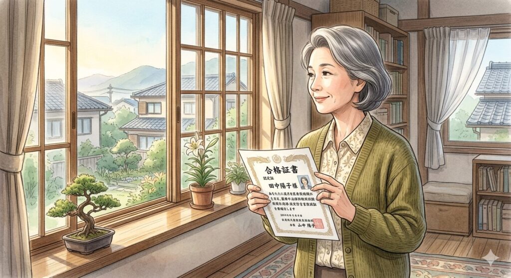 50代の女性が窓辺で合格証書を手に持って微笑んでいる。穏やかな朝の光。達成感よりも静かな安堵感のある表情