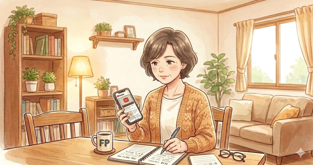 50代の女性がスマホでYouTube動画を見ながらノートにメモしている。コーヒーカップが隣にある。集中した表情。温かみのあるイラスト調
