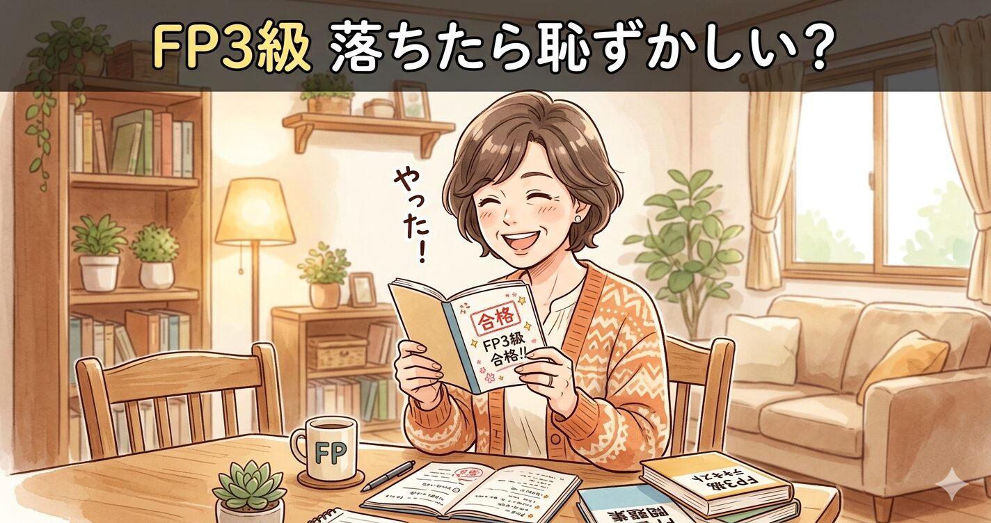 50代の女性が保険証券や書類を前に考え込んでいる。でも表情は穏やかで前向き。温かみのあるイラスト調