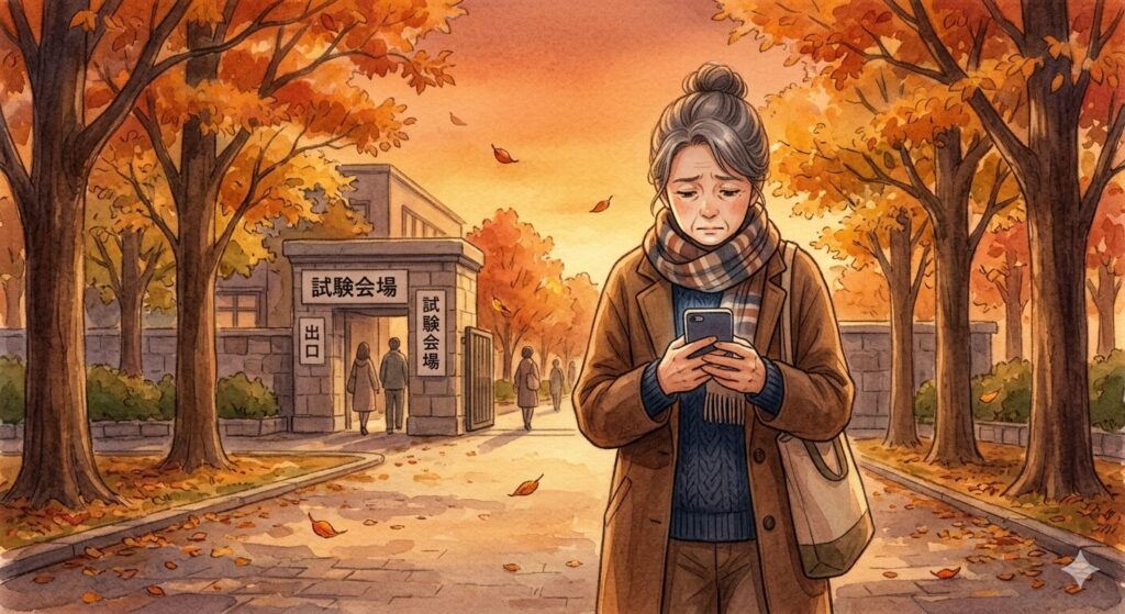 試験会場から出てきた50代女性が、うつむいてスマホの画面を見ている。表情は落胆している。秋の夕暮れの屋外