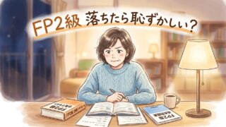 50代の女性が机に向かって勉強しているイラスト。表情は少し悔しそうだけれど前を向いている。テキストと問題集が机の上に広げられている。温かみのある柔らかいトーン。画像の上部に「FP2級 落ちたら恥ずかしい？というテキストが入っている
