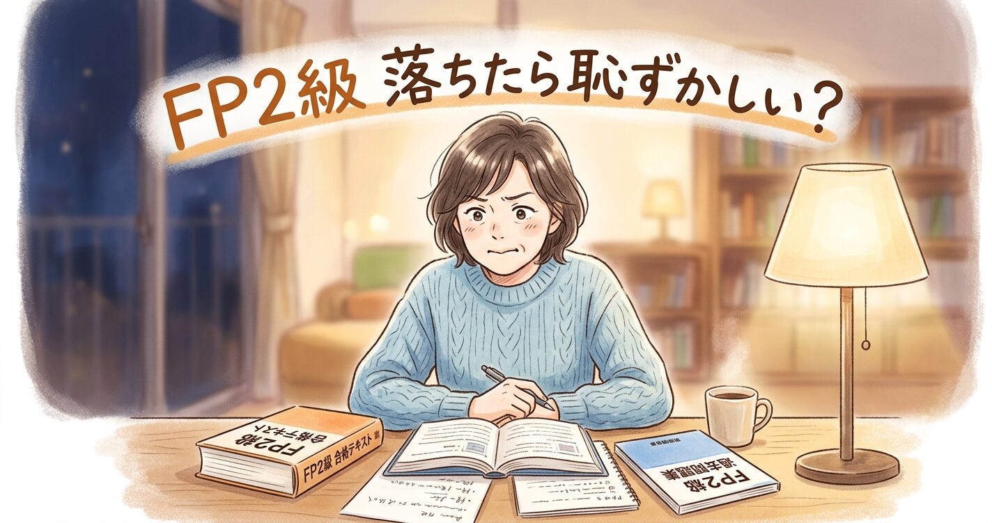 50代の女性が机に向かって勉強しているイラスト。表情は少し悔しそうだけれど前を向いている。テキストと問題集が机の上に広げられている。温かみのある柔らかいトーン。画像の上部に「FP2級 落ちたら恥ずかしい？というテキストが入っている