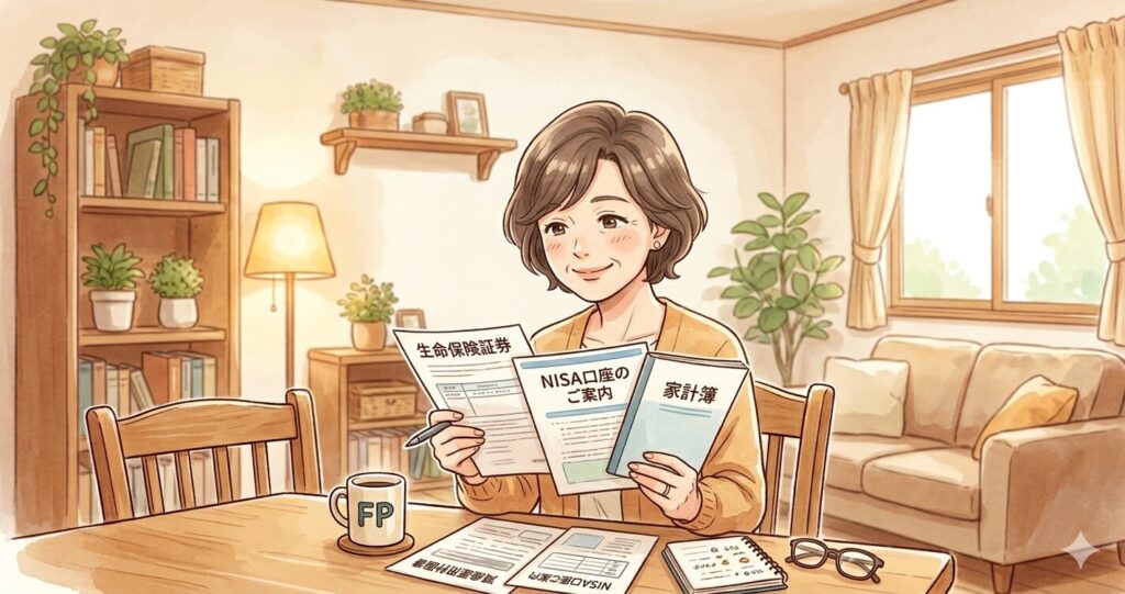 50代の女性が保険証券や書類を前に考え込んでいる。でも表情は穏やかで前向き。温かみのあるイラスト調
