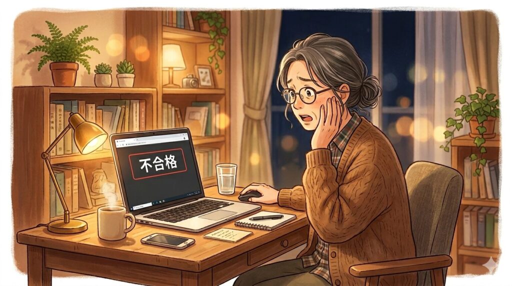 温かみのあるイラスト風。50代の女性がパソコンの画面を見て、ショックを受けた表情をしている。画面には「不合格」の文字。温かみのある柔らかいトーン