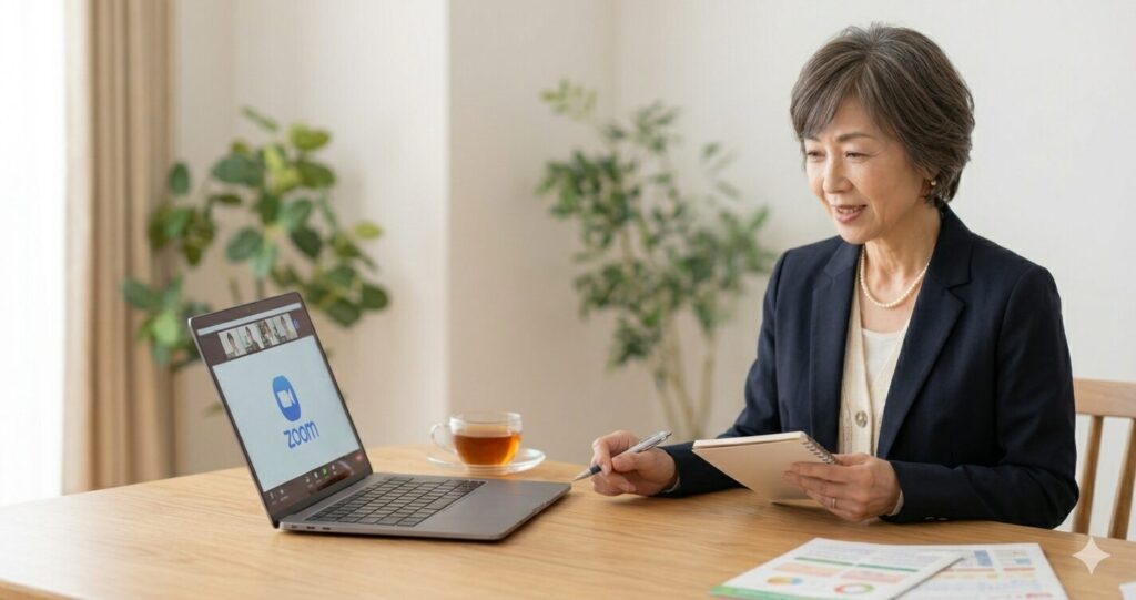 パソコンに向かってZOOM相談している50代女性のイメージの画像
