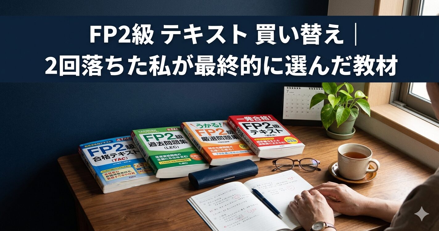 机の上にFPのテキストと問題集が数冊並んでいる 落ち着いた50代女性向けデザイン 背景はダークグリーンまたはネイビー系 タイトルをそのまま文字として入れる フォントは太くて読みやすいもの 文字色は白FP2級 テキスト 買い替え｜2回落ちた私が最終的に選んだ教材というタイトル