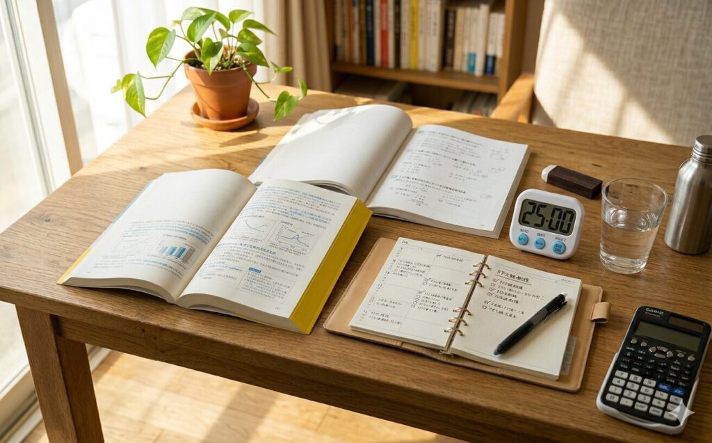 タイマーと問題集が並んでいる机の上。勉強の仕切り直しのイメージの画像