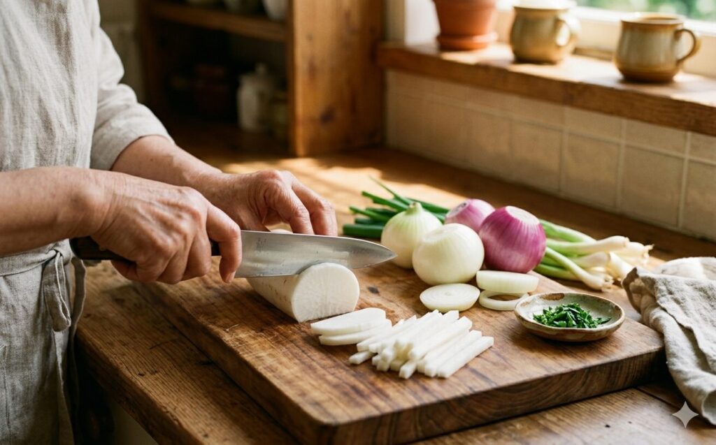 台所で野菜を切っている手元のアップ。大根や新玉ネギが並んでいる。温かみのある自然光の画像