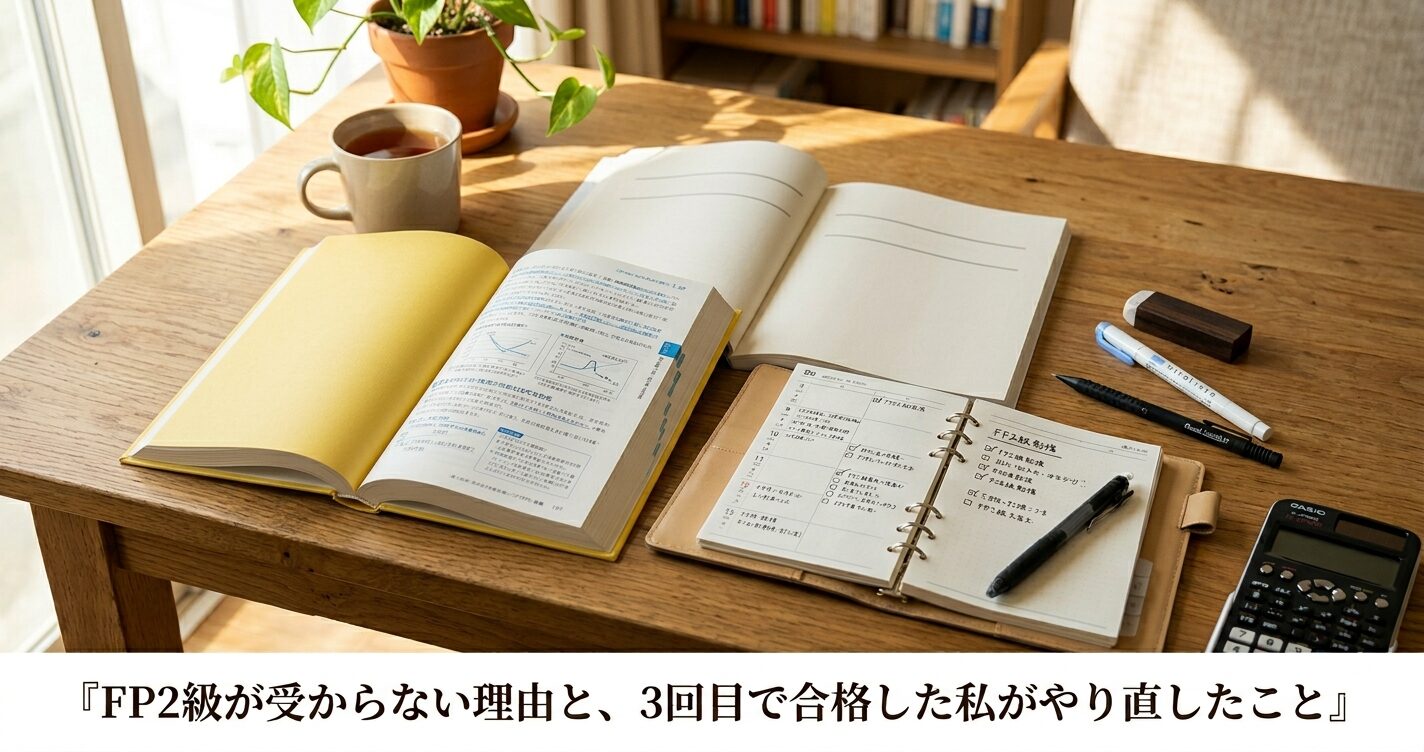 FP2級のテキストや問題集が机の上に広げられている勉強シーン。手帳やペンも添えられている。温かみのある自然光。人物は映り込まなくてよい。横長1200×630px。画像の下部に白い帯を入れて、その中に日本語で『FP2級が受からない理由と、3回目で合格した私がやり直したことの画像