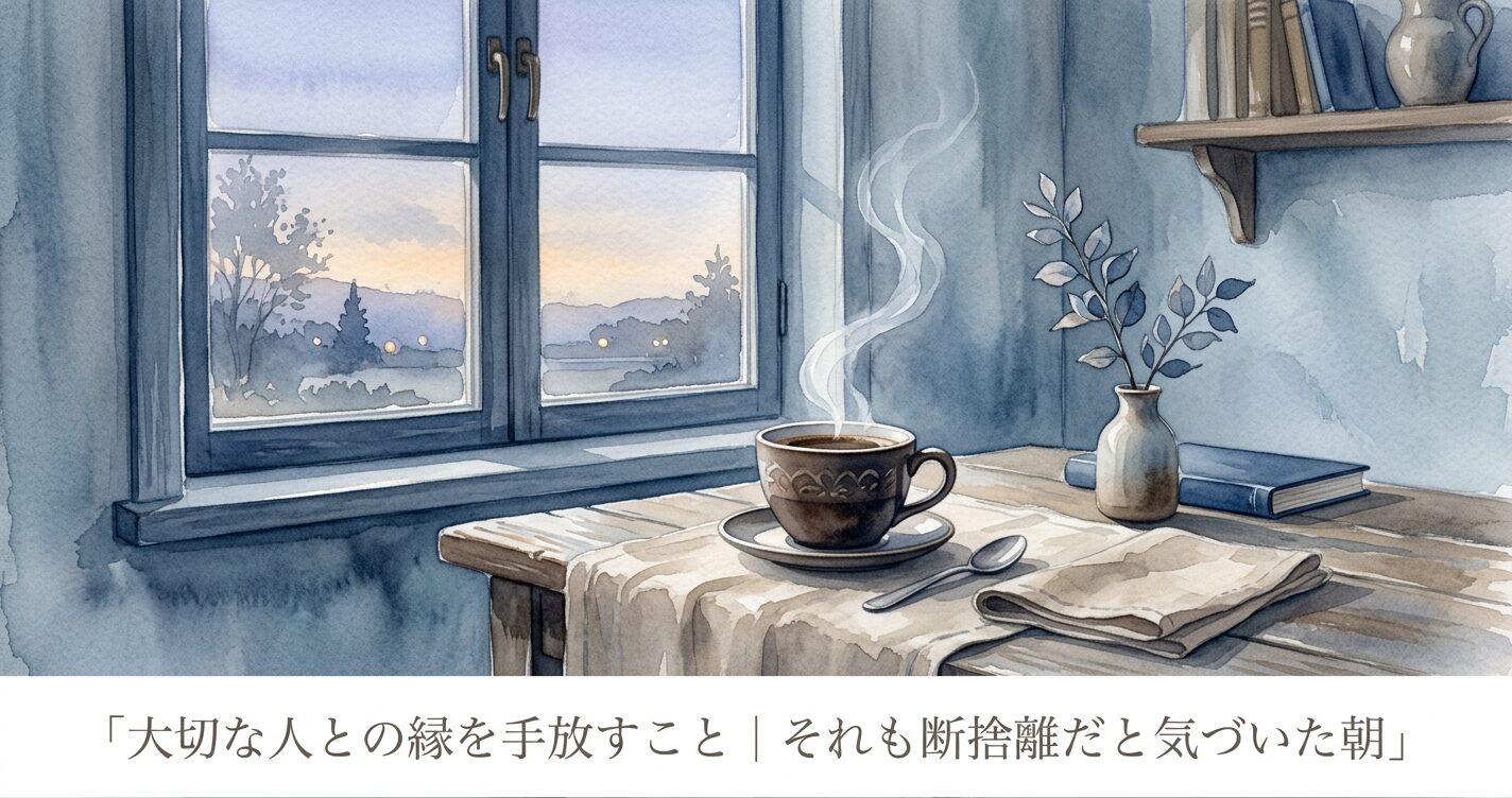 早朝の静かな室内。窓の外に薄明るい空が見えます。 テーブルの上に置かれたコーヒーカップから、細い湯気が立ち上っています。 全体的にやわらかいブルーグレーとベージュのトーンで、 静けさと祈りのような雰囲気の画像
