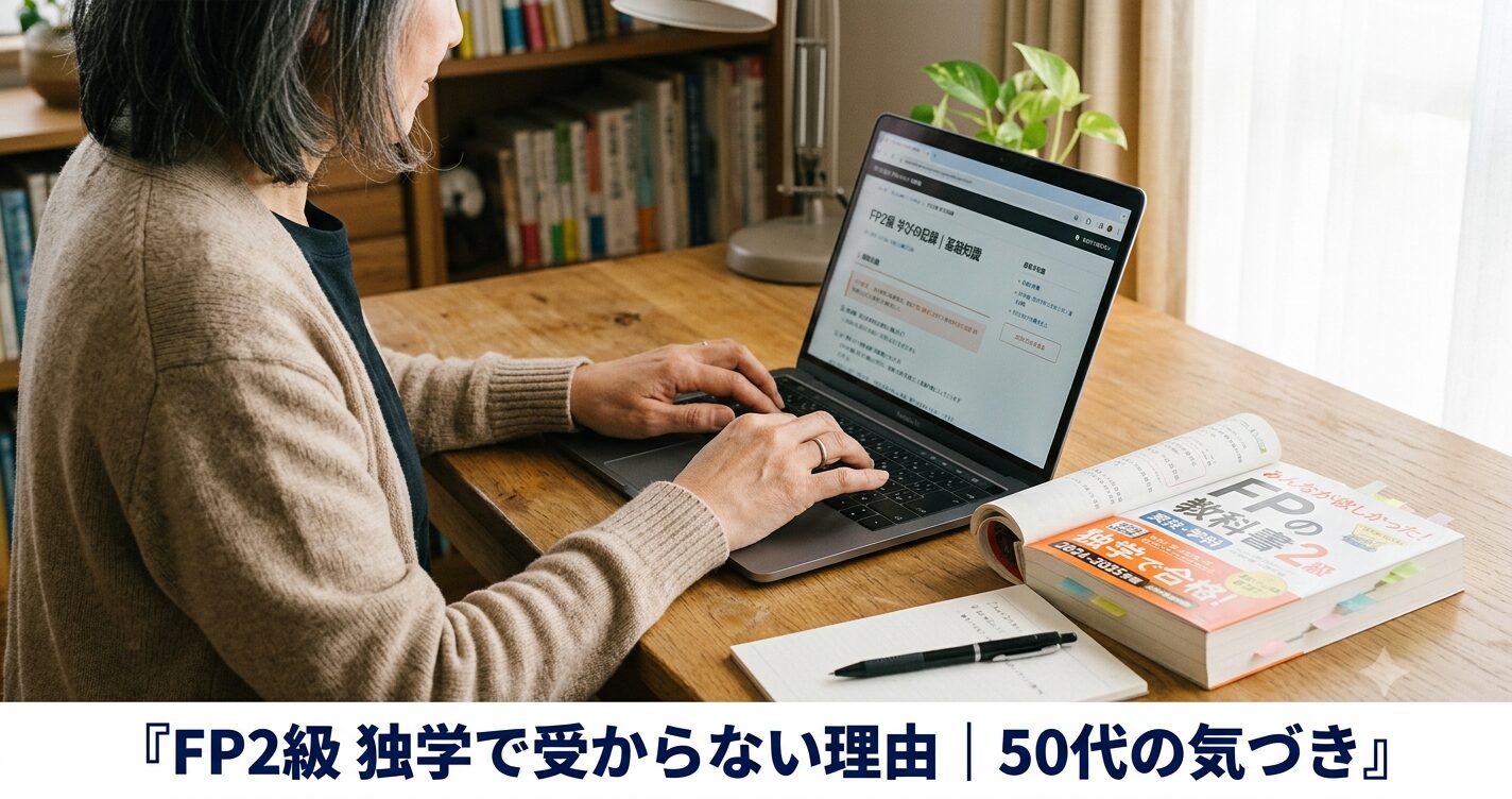 ノートパソコンの画面に向かいながら、その横にFP2級のテキストが1冊置かれている。50代女性らしき手元だけが写る構図、顔は映らない。温かみのある自然光。横長1200×630px。画像の下部に白い帯を入れて、日本語で『FP2級 独学で受からない理由｜50代の気づき』とゴシック体太字の画像