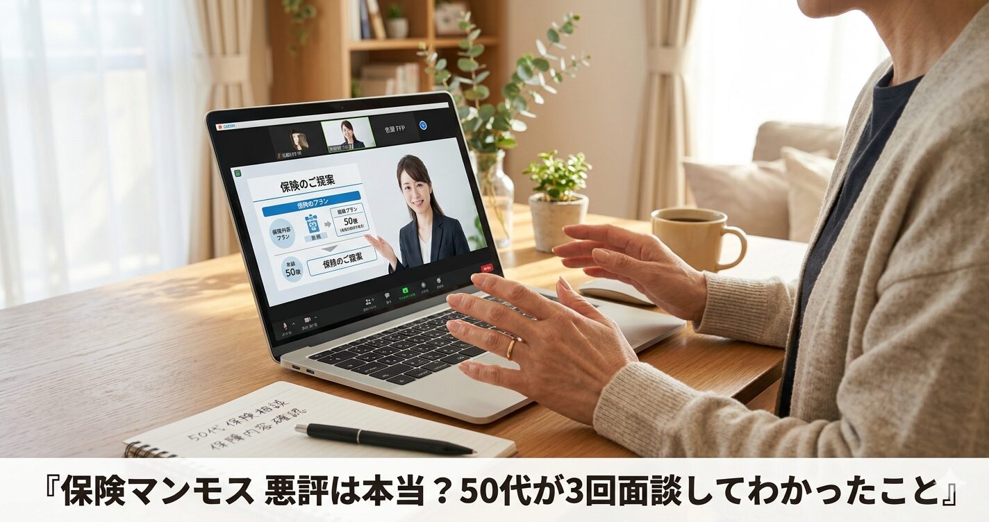 50代女性がパソコンの前でZOOM面談をしている様子。手元とパソコン画面だけ。温かみのある自然光。人物の顔は映り込まなくてよい。横長1200×630px。画像の下部に白い帯を入れて、日本語で『保険マンモス 悪評は本当？50代が3回面談してわかったことの画像