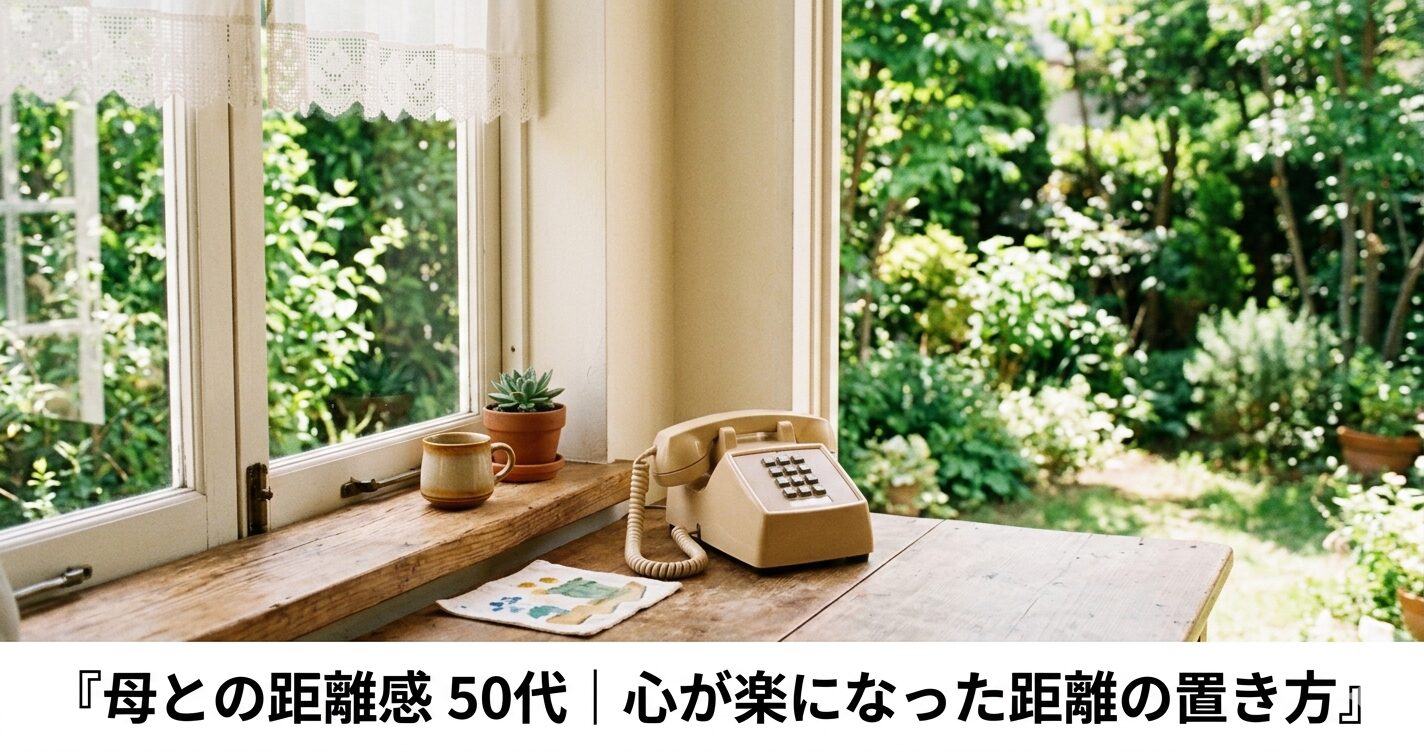窓際に置かれた電話と、外の緑が見える穏やかな室内の場面。温かみのある自然光。人物は映り込まなくてよい。横長1200×630px。画像の下部に白い帯を入れて、日本語で『母との距離感 50代｜心が楽になった距離の置き方という画像