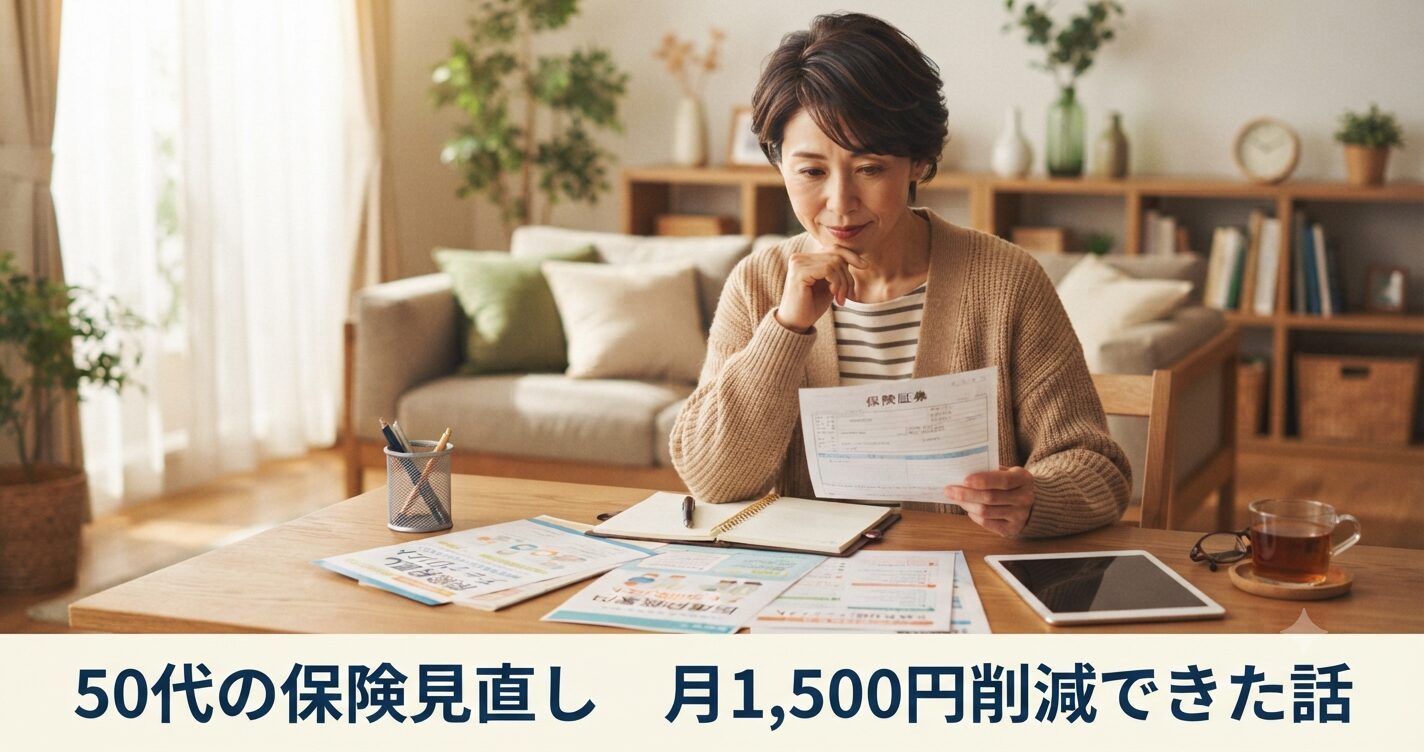 50代女性が保険の見直しを検討しているイメージの画像を作成してください。落ち着いた明るいリビングで、女性がテーブルに座り、書類や保険の資料を見ながら考えているシーン。温かみのある自然光、柔らかい色調の画像