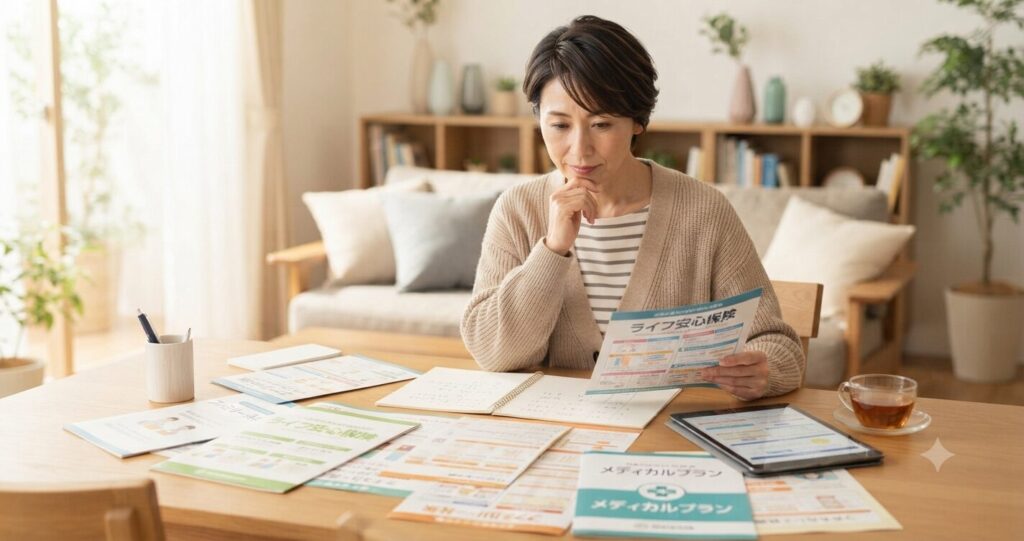 複数の保険会社のパンフレットやタブレットを並べて比較している50代女性のイメージ画像。明るいテーブルの上に複数の資料が広がっている。温かみのある自然光、柔らかい色調の画像