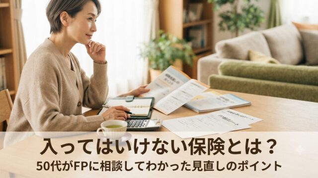 保険証券やパンフレットのようなものを、テーブルの上で静かに見つめている手元、または50代くらいの女性がゆったりと考えごとをしている後ろ姿・横顔（顔のアップは避ける） 電卓・手帳・ペンなど、家計を見直している雰囲気の小物を添える画像