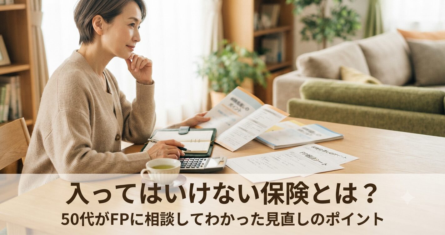 保険証券やパンフレットのようなものを、テーブルの上で静かに見つめている手元、または50代くらいの女性がゆったりと考えごとをしている後ろ姿・横顔（顔のアップは避ける） 電卓・手帳・ペンなど、家計を見直している雰囲気の小物を添える画像