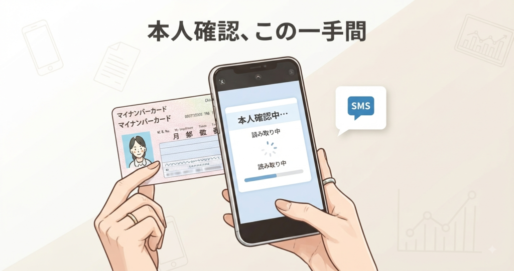 マホでマイナンバーカードを読み取っている手元(今回の画像の左側パーツと近い構図)を、もう少しアップで
画面に「本人確認中…」「読み取り中」のような簡易UI表示
スマホの横に、確認コードが届いたことを示す簡単な吹き出しアイコン(SMSマーク程度)
テキストは最小限、「本人確認、この一手間」程度の短いキャプションのみ
トーンはこの1点を意識
今回のアイキャッチが「比較・俯瞰」の情報整理型だったのに対し、こちらは「その場の手間・実体験」を切り取る、少しクローズアップした構図